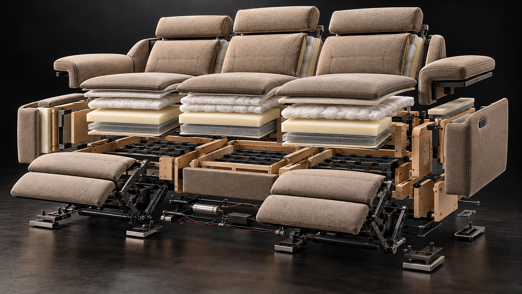 Exploded architectural layer construction view of modern sofa structure