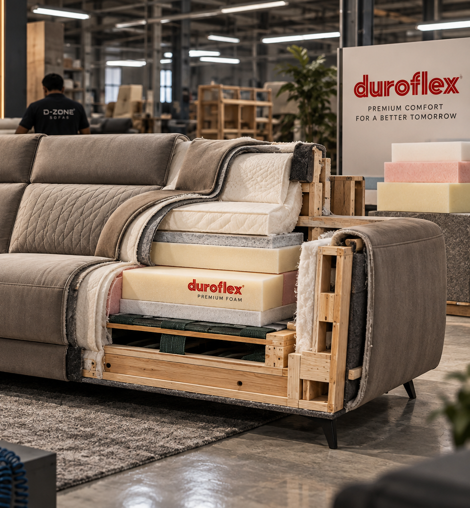Duroflex foam layers and internal sofa cutaway construction in D-ZONE workshop