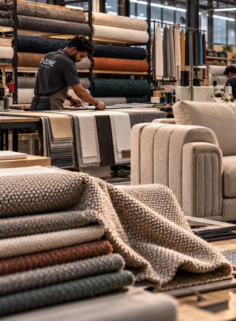 Upholstery fabric selection and crafting in D-ZONE manufacturing workshop