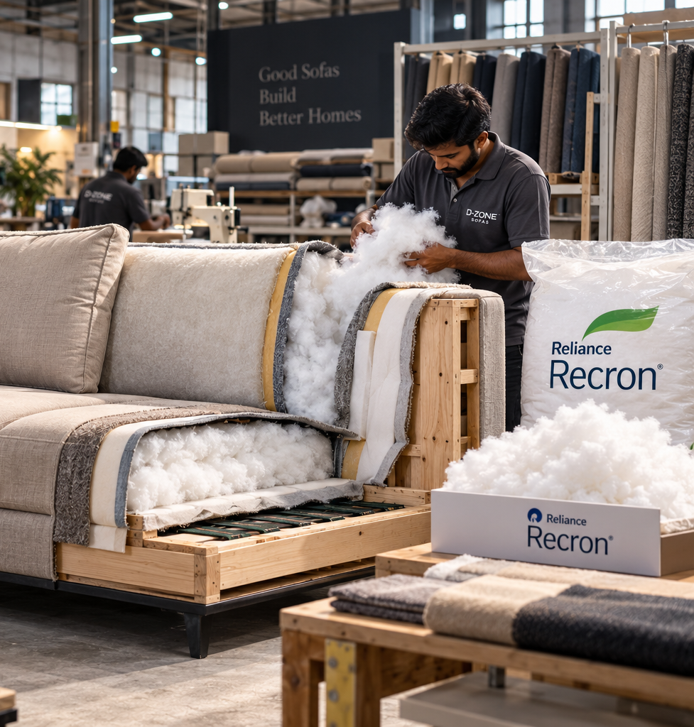 Reliance Recron comfort fiber filling during sofa assembly in D-ZONE workshop
