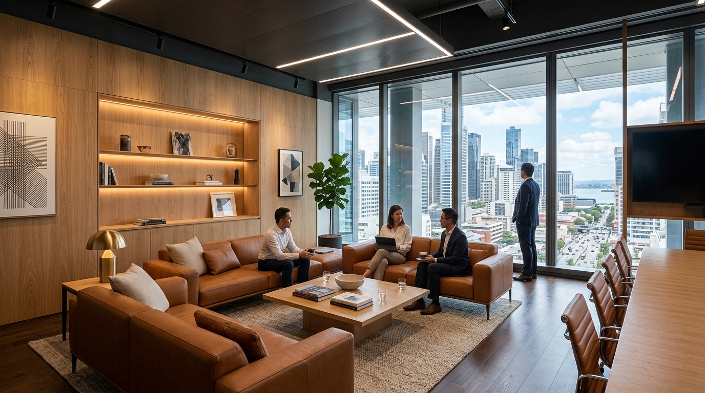 Executive boardroom lounge setting with modular sofa concept
